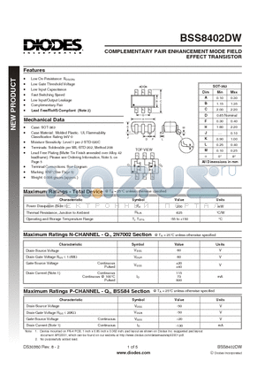 BSS8402DW datasheet - COMPLEMENTARY PAIR ENHANCEMENT MODE FIELD EFFECT TRANSISTOR