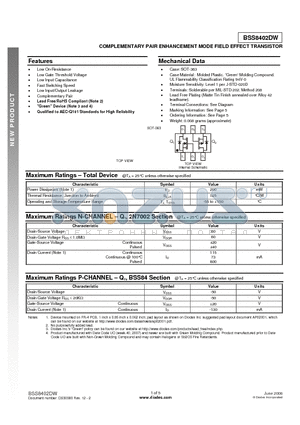 BSS8402DW datasheet - COMPLEMENTARY PAIR ENHANCEMENT MODE FIELD EFFECT TRANSISTOR