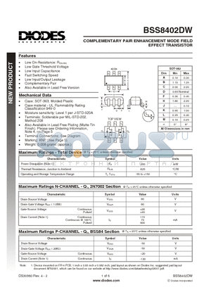 BSS8402DW-7 datasheet - COMPLEMENTARY PAIR ENHANCEMENT MODE FIELD EFFECT TRANSISTOR