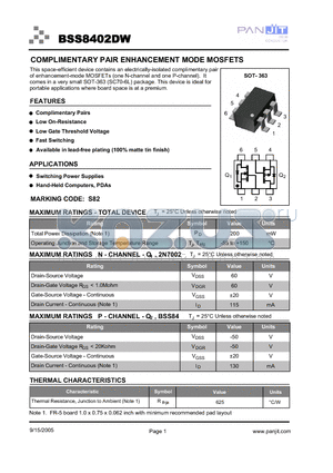 BSS8402DWT/R13 datasheet - COMPLIMENTARY PAIR ENHANCEMENT MODE MOSFETS