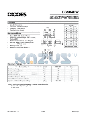 BSS84DW datasheet - DUAL P-CHANNEL ENHANCEMENT MODE FIELD EFFECT TRANSISTOR