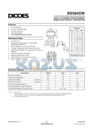 BSS84DW datasheet - DUAL P-CHANNEL ENHANCEMENT MODE FIELD EFFECT TRANSISTOR