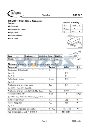 BSS84P datasheet - SIPMOS Small-Signal-Transistor