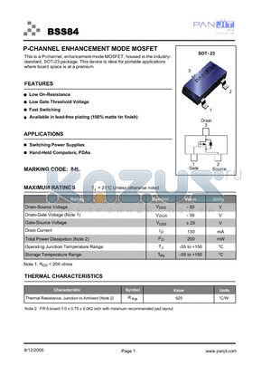 BSS84T/R13 datasheet - P-CHANNEL ENHANCEMENT MODE MOSFET