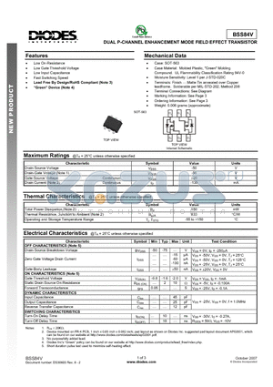 BSS84V-7 datasheet - DUAL P-CHANNEL ENHANCEMENT MODE FIELD EFFECT TRANSISTOR