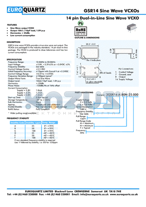 3GSR14-A-80M-25.000 datasheet - 14 pin Dual-in-Line Sine Wave VCXO