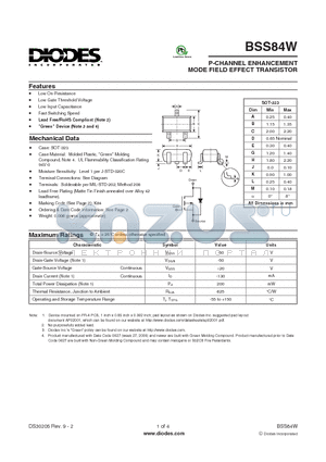 BSS84W-7-F datasheet - P-CHANNEL ENHANCEMENT MODE FIELD EFFECT TRANSISTOR