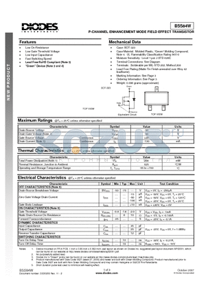 BSS84W-7-F datasheet - P-CHANNEL ENHANCEMENT MODE FIELD EFFECT TRANSISTOR