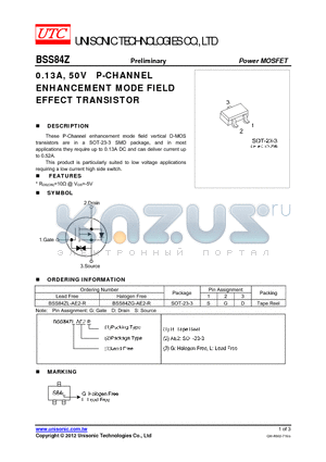 BSS84ZG-AE2-R datasheet - 0.13A, 50V P-CHANNEL ENHANCEMENT MODE FIELD EFFECT TRANSISTOR