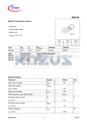 BSS98 datasheet - SIPMOS Small-Signal Transistor