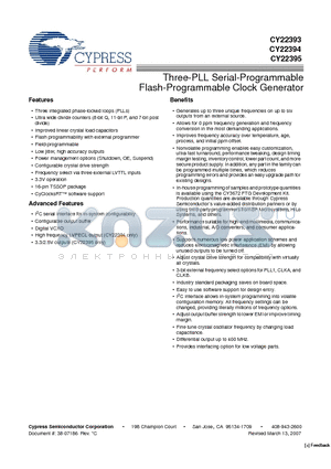 CY22394ZI-XXX datasheet - Three-PLL Serial-Programmable Flash-Programmable Clock Generator