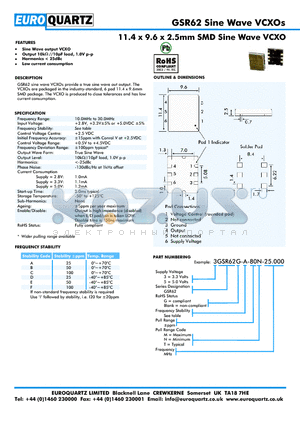 3GSR62-B-80N-25.000 datasheet - 11.4 x 9.6 x 2.5mm SMD Sine Wave VCXO