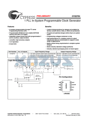 CY22701 datasheet - 1 PLL In-System Programmable Clock Generator