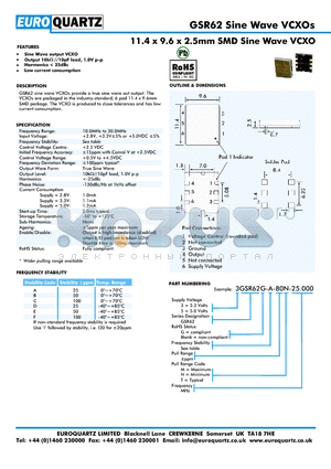 3GSR62G-A-80T-25.000 datasheet - 11.4 x 9.6 x 2.5mm SMD Sine Wave VCXO