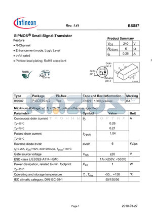 BSS87_10 datasheet - SIPMOS Small-Signal-Transistor