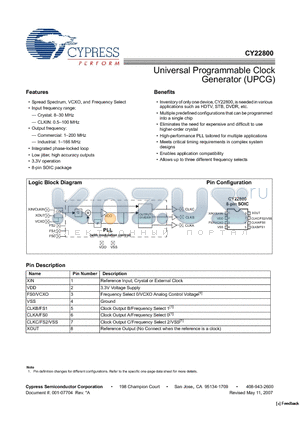 CY22800-007A datasheet - Universal Programmable Clock Generator (UPCG)