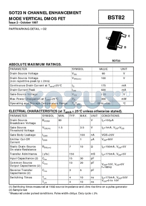 BST82 datasheet - SOT23 N CHANNEL ENHANCEMENT MODE VERTICAL DMOS FET