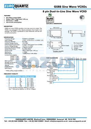 3GSR8-B-80M-25.000 datasheet - 8 pin Dual-in-Line Sine Wave VCXO