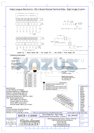 BSTCR-1-S datasheet - .100 cl Single Row - Right Angle Board Stacker Terminal Strips - Custom