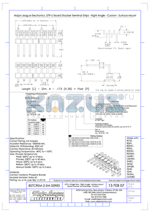 BSTCRSM-2-SM datasheet - .079 cl Single Row - Right Angle - Surface Mount Board Stacker Terminal Strips - Custom