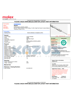 0330000001 datasheet - MX150 Male Terminal, Tin (Sn) Plating, 14 AWG, Right Reel Payoff, Contact MaterialThickness 0.30mm (.012