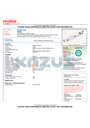 0330012005 datasheet - MX150 Female Terminal, Select Gold (Au) Plating, 22 AWG, Right Reel PayoffSmall Polarization Rib, Contact Material Thickness 0.30mm (.012