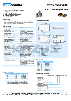 3GV576A-80M-76.000 datasheet - 7 x 5 x 1.8mm 6 pad SMD