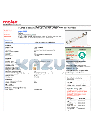 0330013004 datasheet - MX150 Female Terminal, Select Gold (Au) Plating, 18-20 AWG, Left Reel Payoff,Small Polarization Rib, Contact Material Thickness 0.30mm (.012