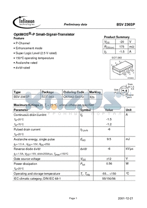 BSV236SP datasheet - OptiMOS -P Small-Signal-Transistor