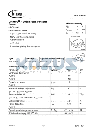 BSV236SP_06 datasheet - OptiMOS-P Small-Signal-Transistor