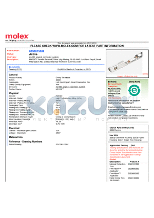 0330015002 datasheet - MX150 Female Terminal, Silver (Ag) Plating, 18-20 AWG, Left Reel Payoff, SmallPolarization Rib, Contact Material Thickness 0.30mm (.012