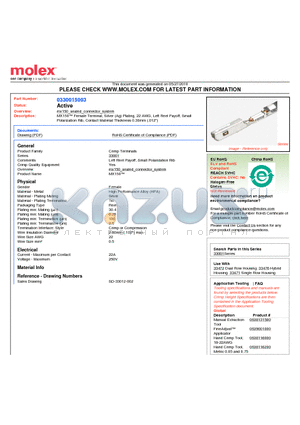 0330015003 datasheet - MX150 Female Terminal, Silver (Ag) Plating, 22 AWG, Left Reel Payoff, SmallPolarization Rib, Contact Material Thickness 0.30mm (.012