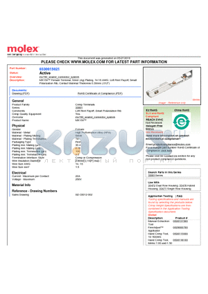 0330015021 datasheet - MX150 Female Terminal, Silver (Ag) Plating, 14-16 AWG, Left Reel Payoff, SmallPolarization Rib, Contact Material Thickness 0.30mm (.012