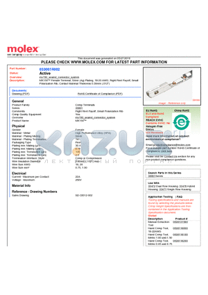 0330014002 datasheet - MX150 Female Terminal, Silver (Ag) Plating, 18-20 AWG, Right Reel Payoff, SmallPolarization Rib, Contact Material Thickness 0.30mm (.012