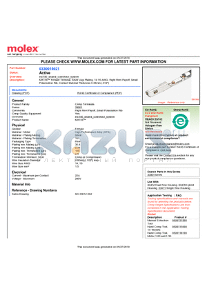 0330014021 datasheet - MX150 Female Terminal, Silver (Ag) Plating, 14-16 AWG, Right Reel Payoff, SmallPolarization Rib, Contact Material Thickness 0.30mm (.012