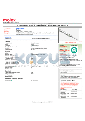 0330110002 datasheet - MX150 Male Terminal, Gold (Au) Plating, 14 AWG, Left Reel Payoff, ContactMaterial Thickness 0.30mm (.012