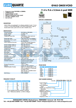 3GV62C-80T-155.25 datasheet - 11.4 x 9.6 x 2.5mm 6 pad SMD