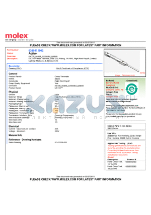 0330111002 datasheet - MX150 Male Terminal, Gold (Au) Plating, 14 AWG, Right Reel Payoff, ContactMaterial Thickness 0.30mm (.012