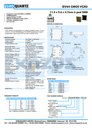 3GV64A-80M-155.25 datasheet - 11.4 x 9.6 x 4.7mm 6 pad SMD