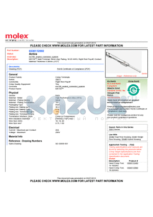 0330112002 datasheet - MX150 Male Terminal, Silver (Ag) Plating, 16-20 AWG, Right Reel Payoff, ContactMaterial Thickness 0.30mm (.012