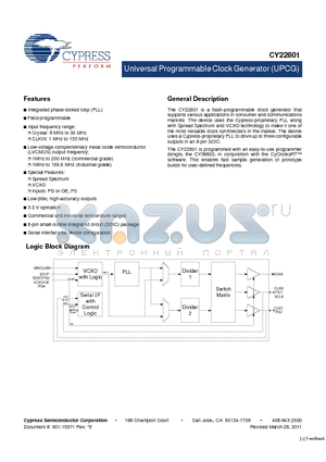CY22801KFXCT datasheet - Universal Programmable Clock Generator (UPCG) Integrated phase-locked loop (PLL)