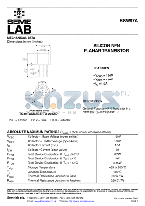 BSW67A datasheet - SILICON NPN PLANAR TRANSISTOR