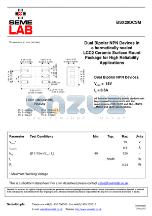 BSX20DCSM datasheet - Dual Bipolar NPN Devices in a hermetically sealed