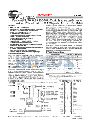 CY2283PVC-2 datasheet - PentiumII, K6, 6x86 100-MHz Clock Synthesizer/Driver for Desktop PCs with ALI or VIA Chipsets, AGP and 3 DIMMs