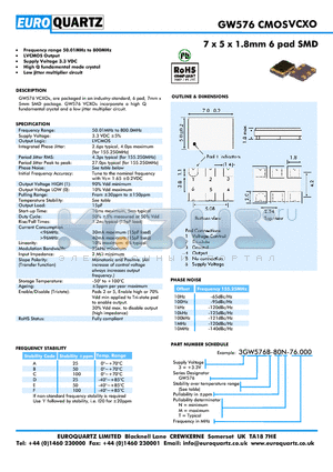 3GW576B-80T-76.000 datasheet - 7 x 5 x 1.8mm 6 pad SMD