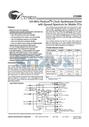 CY2285 datasheet - 100-MHz Pentium^II Clock Synthesizer/Driver with Spread Spectrum for Mobile PCs