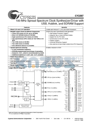 CY2287 datasheet - 100-MHz Spread Spectrum Clock Synthesizer/Driver with USB, Hublink, and SDRAM Support