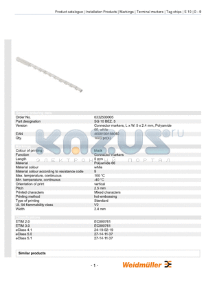 0332500005 datasheet - Connector markers, L x W: 5 x 2.4 mm, Polyamide 66, white