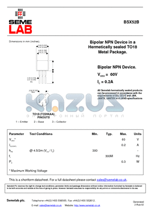 BSX52B datasheet - Bipolar NPN Device in a Hermetically sealed TO18