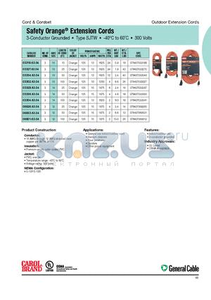 03356.63.04 datasheet - Safety Orange Extension Cords 3-Conductor Grounded . Type SJTW . -40jC to 60C . 300 Volts